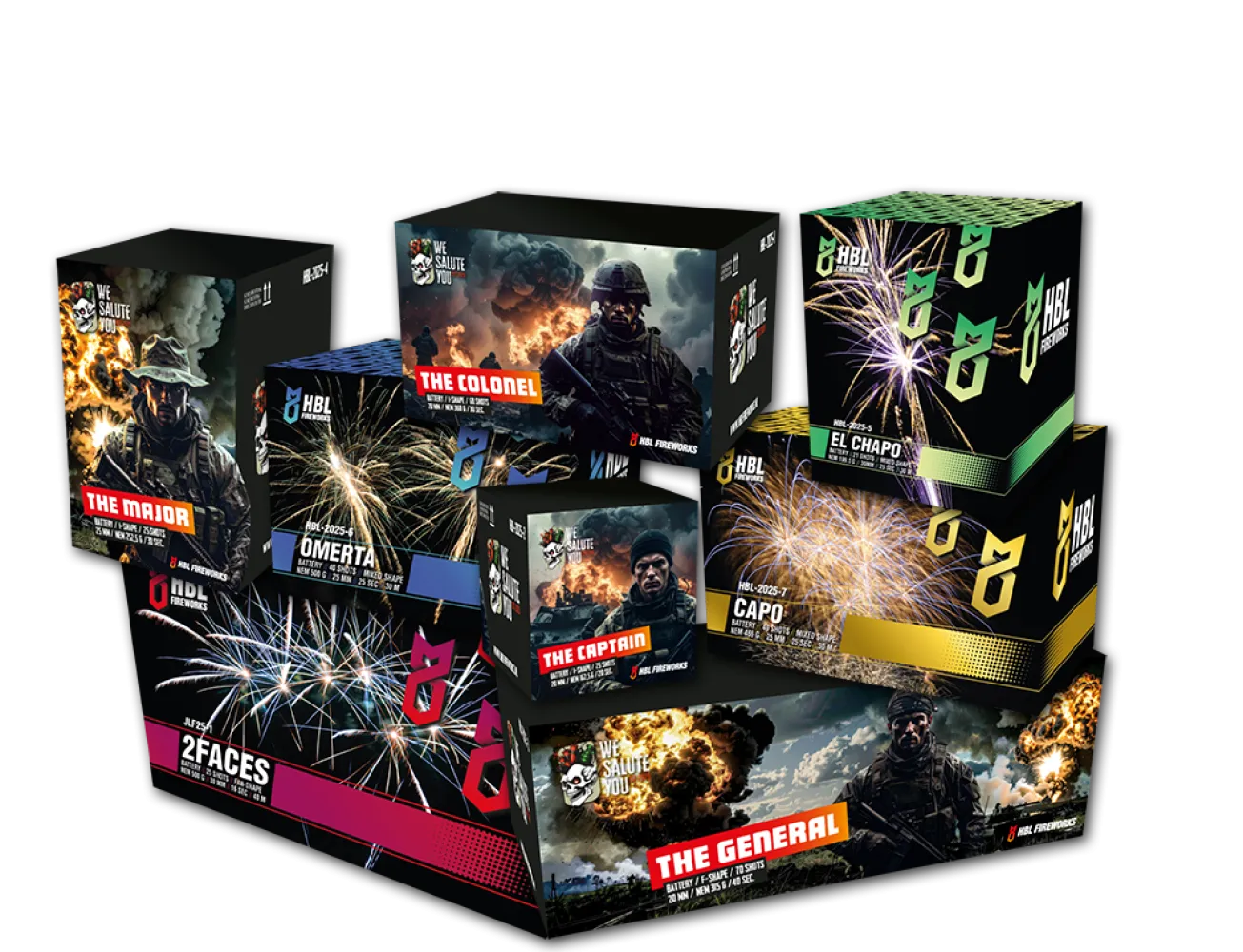 Combideal 5 - 'The Soldier Pack' - Capo | Omerta | El Chapo | 2Faces | The Captain | The Colonel | The Major | The General - HBL Fireworks